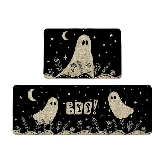 Halloween Kitchen Rug Set of 2, Non Slip Pumpkin Spooky Mats with Anti Fatigue Comfort, Washable Halloween Decor Rugs for Sink Laundry Office, Farmhouse Holiday Floor Mats 15.8x23.6+15.8x43.3 Inches