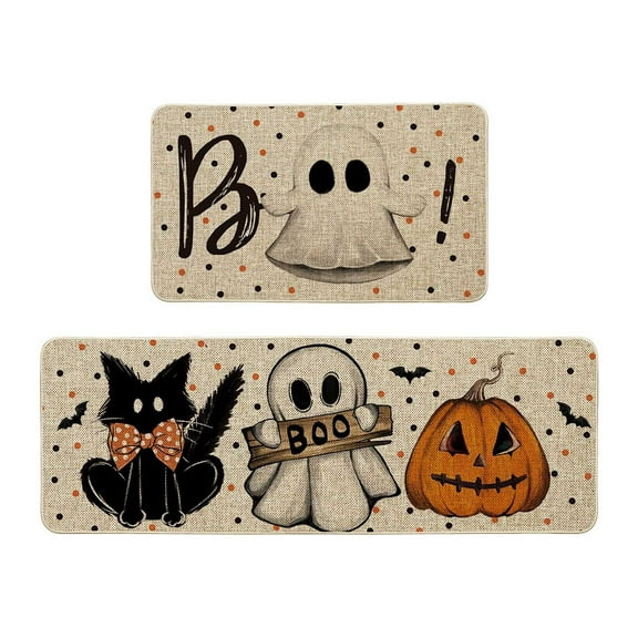 Halloween Kitchen Rug Set of 2, Non Slip Pumpkin Spooky Mats with Anti Fatigue Comfort, Washable Halloween Decor Rugs for Sink Laundry Office, Farmhouse Holiday Floor Mats 15.8x23.6+15.8x43.3 Inches