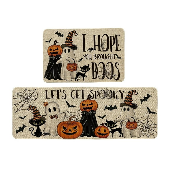 Halloween Kitchen Rug Set of 2, Non Slip Pumpkin Spooky Mats with Anti Fatigue Comfort, Washable Halloween Decor Rugs for Sink Laundry Office, Farmhouse Holiday Floor Mats 15.8x23.6+15.8x43.3 Inches