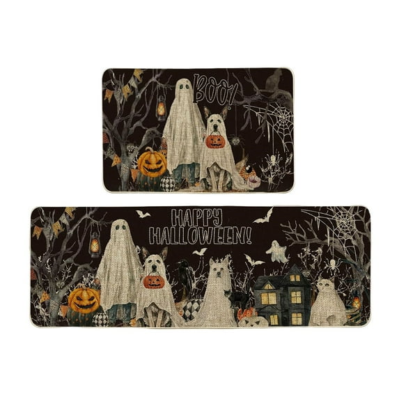 Halloween Kitchen Rug Set of 2, Non Slip Pumpkin Spooky Mats with Anti Fatigue Comfort, Washable Halloween Decor Rugs for Sink Laundry Office, Farmhouse Holiday Floor Mats 15.8x23.6+15.8x43.3 Inches