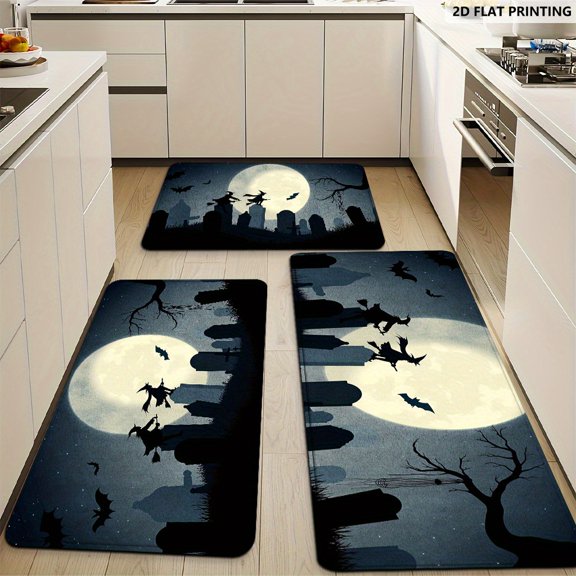 Halloween Kitchen Rug Set, Witch Bat Graveyard Pattern, Non-Slip Flannel Mats, Machine Washable for Bathroom Laundry Bedroom