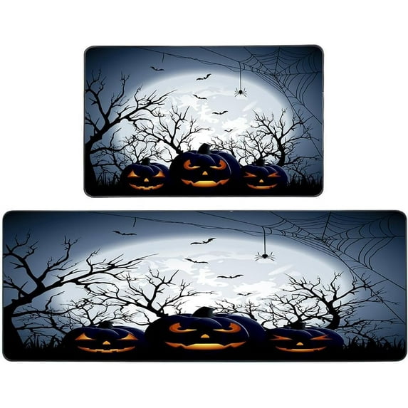 Halloween Kitchen Rug Set of 2 Pumpkin Rug Three Halloween Pumpkins on Moon Kitchen Floor Mat Halloween Kitchen Decor,17"X48"+17"X24"