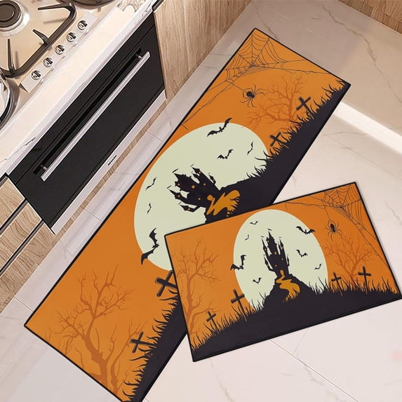 Halloween Kitchen Rugs and Mats Non Skid Washable Set of 2, Happy Halloween Scary Kitchen Runner Rug, Castle Orange Moon Kitchen Floor Mat Under Sink Mat Throw Rug for Kitchen Doormat