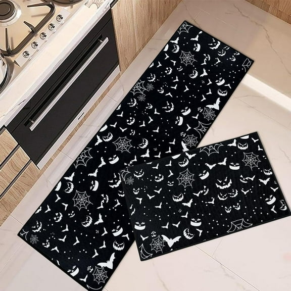 Halloween Kitchen Rugs and Mats Non Skid Washable Set of 2, Horror Face Spider Web Bat Kitchen Mats for Floor, Black White Kitchen Runner Rug, Scary Horror October Skull Kitchen Decor
