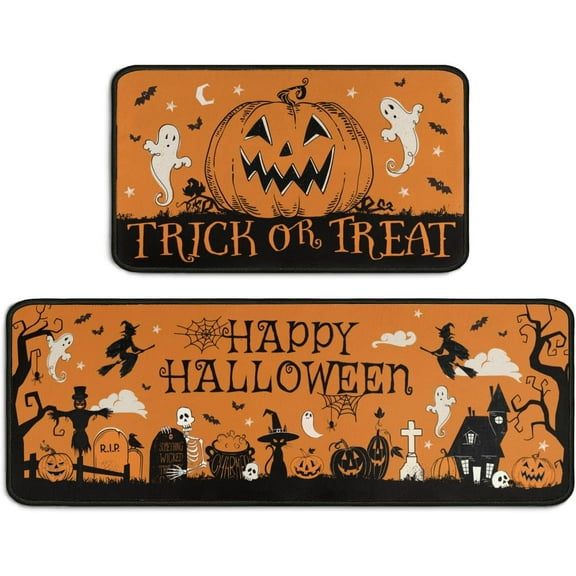 Halloween Kitchen Rugs and Mats Set of 2,Scary Halloween Pumpkin Skeleton Ghost Floor Mats,Non-Slip Washable Anti-Fatigue Kitchen Floor Mats for Kitchen Halloween Decor 17x30+17x47In Orange