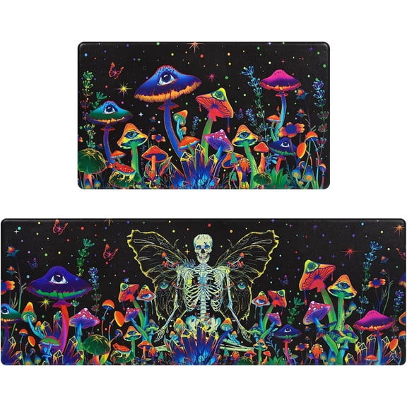 Halloween Kitchen Rugs Set of 2 Skull Kitchen Mats for Floor Anti Fatigue Mats for Kitchen Floor, Mushroom Butterfly Kitchen Rugs Non Slip Washable Kitchen Floor Mat, 18'''' x 30'''' + 18'''' x 48''''