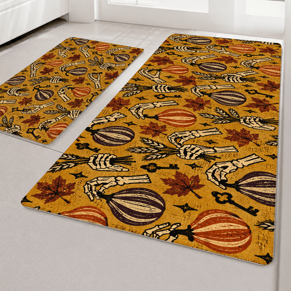 Halloween Kitchen Rugs Set of 2, Vintage Gothic Warm Ginger Yellow Floor Mats, Non-Slip Textured Surface, 16in x 24in + 18in x 48in for Entryway Hallw