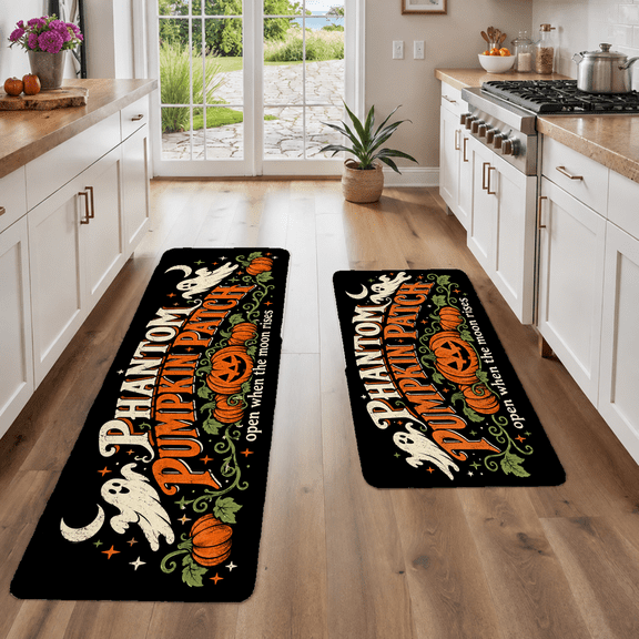 Halloween Kitchen Rugs Set of 2, Vintage Phantom Pumpkin Patch Design, Black with Orange Green Accents, Non Slip Floor Mats, 16in x 24in + 18in x 48in