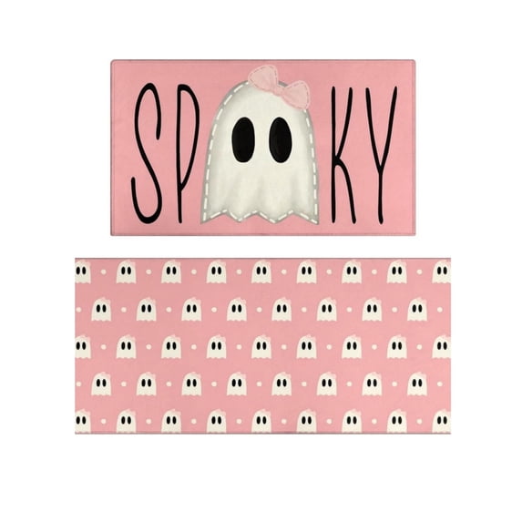 Halloween Kitchen Rugs Set of 2, Pink Cute Ghost Non-Slip Floor Mats, Decorative Kitchen Runner Rugs for Laundry Room Indoor Home Party Decor