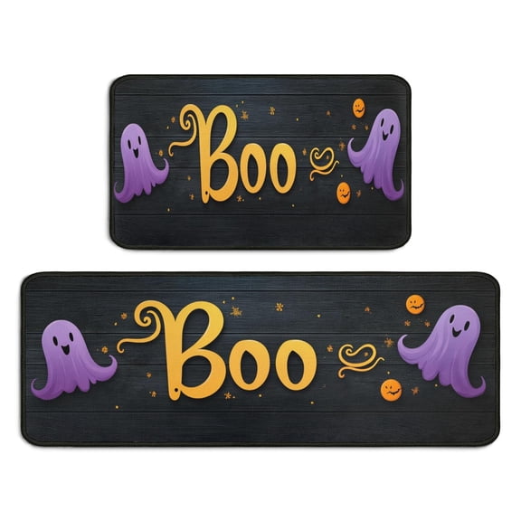 Halloween Kitchen Rugs Sets Of 2 Halloween Scary Ghost Boo Spooky () Decor Mats for Floor Bathroom Non Skid Retro Rugs Decorations for Porch Veranda Entryway (17x47in+30x17in)