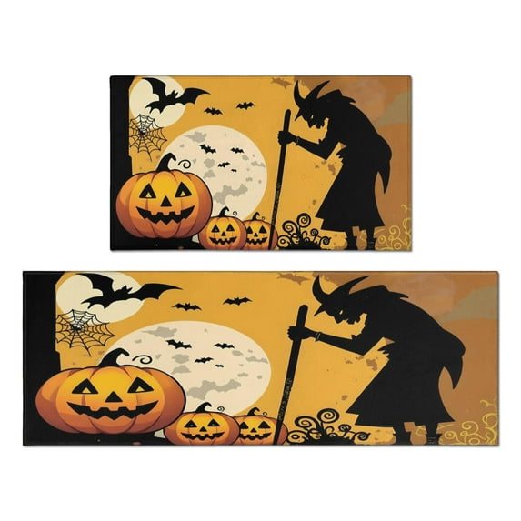 Halloween Kitchen Rugs Sets Of 2 Horror Pumpkin Decor Mats for Room Farmhouse Washable Decor Doormat Decorations for Porch Veranda Entryway (17x47in+30x17in)