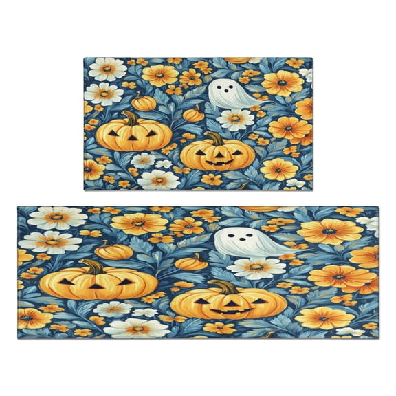 Halloween Kitchen Rugs Sets Of 2 Horror Pumpkin Spooky Ghost FLower Halloween Kitchen Rugs and Mats for Floor Bathroom Non Skid Runner Rug Decorations for Porch Veranda Entryway (17x47in+30x17in)