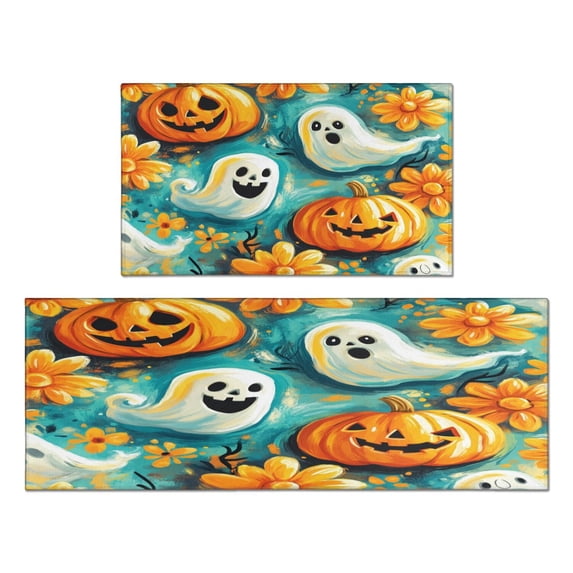 Halloween Kitchen Rugs Sets Of 2 Scary Pumpkin Spooky Ghost FLower Halloween Kitchen Mats for Floor Bathroom Non Skid Retro Rugs Decorations for Home Dining Room (17x47in+30x17in)