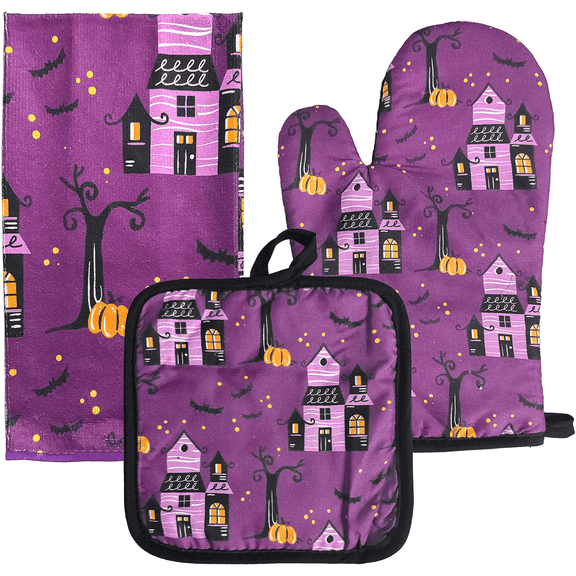Halloween Kitchen Textiles, 3 Piece Set, Oven Mitt, Pot Holders & Dish Towel, High Heat Resistant Extra Thick Kitchen Cotton Oven Glove for Cooking (Purple)