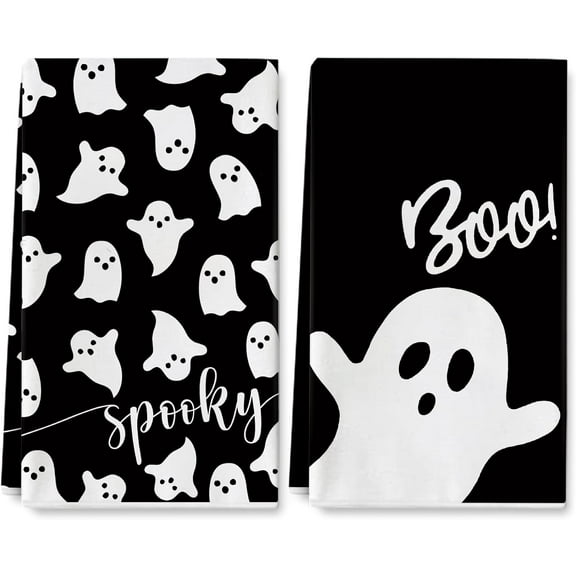 Halloween Kitchen Towel 18 x 26 Inch Black White Ghost Dishcloth Scary Hand Drying Tea Towel for Halloween Baking Cooking Home Kitchen Decor Housewarming Gift, 2Pcs