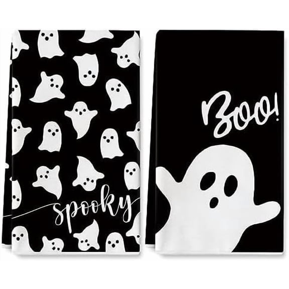 Halloween Kitchen Towel 18 x 28 Inch Black White Ghost Dishcloth Scary Hand Drying Tea Towel for Halloween Baking Cooking Home Kitchen Decor Housewarming Gift, 2Pcs$$Home Decor, Kitchen, & Other