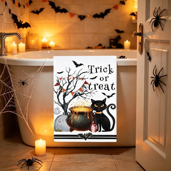 Halloween Kitchen Towel 23.6x15.7 Inch - Absorbent Polyester Tea Towel with Spooky Castle Black Cats Pumpkin Print for Fall Holiday Home Decor