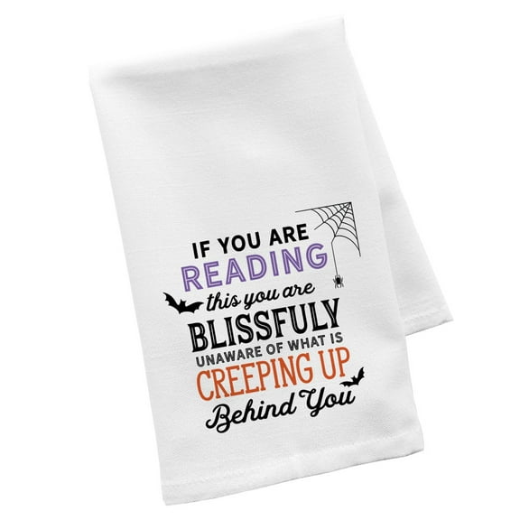 Halloween Kitchen Towel, Blissfully Unaware of What is Creeping Up Behind You Cotton Flour Sack Dish Cloth