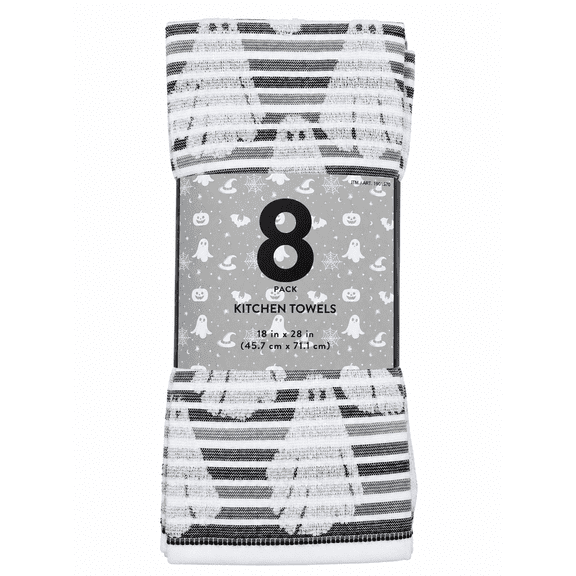Halloween Kitchen Towels 8 Pack, 100% Cotton 18 x 28 Inch, Ghost Black Gray Decorative Dish Towels for Kitchen, Seasonal Halloween Décor