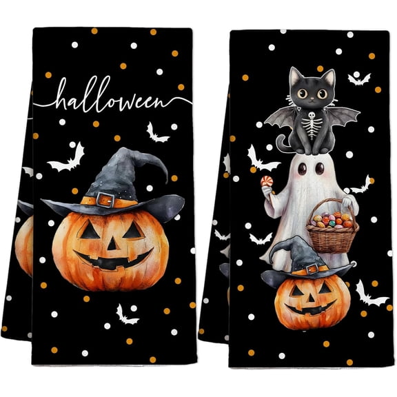 Halloween Kitchen Towels, Black Cat Pumpkin Ghost, Bats Jack-O'-Lantern Halloween Kitchen Towels Gifts for Women Men Friends, Set of 2, Home Indoor Bathroom Party Decorations