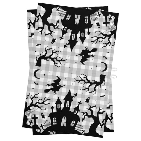 Halloween Kitchen Towels Dish Towel Pack of 2 Goth Flying Witch Haunted Castle Tree Silhouette Gray Plaid Soft Dish Cloth Set Absorbent Dishcloth for Drying Dishes, Hand Towels 18 x 28 Inches