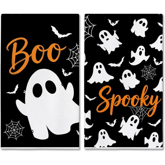 Halloween Kitchen Towels, Ghost Spooky Halloween Hand Towels | Black Dish Towel, Ghost Bathroom Decor, Sets of 2, 18"x26", Gifts