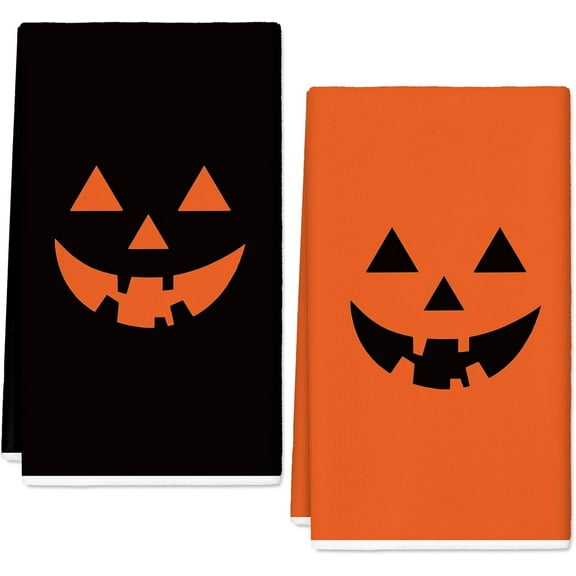 Halloween Kitchen Towels Pumpkin Face Dish Towels 18 x 26 Inch Orange Black Hand Drying Tea Towels for Cooking Baking Cleaning Wipe Gift, Set of 2