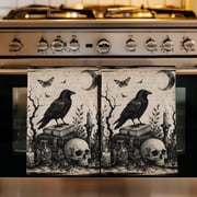Halloween Kitchen Towels Set of 1,Horror Skulls Bones Black Crow Spooky Rustic Beige Absorbent Dish Towels for Kitchen,Microfiber Hand Towel,Quick Drying Tea Towel for Cleaning Decorative Dishcloths