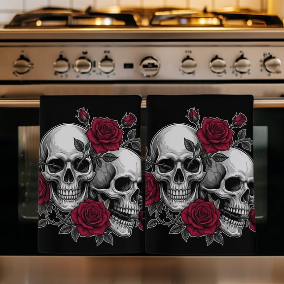Halloween Kitchen Towels Set of 1, Scary White Skulls Skeleton Romantic Red Rose Absorbent Dish Towels for Kitchen, Microfiber Hand Towel, Quick Drying Tea Towel for Cleaning Decorative Dishcloths