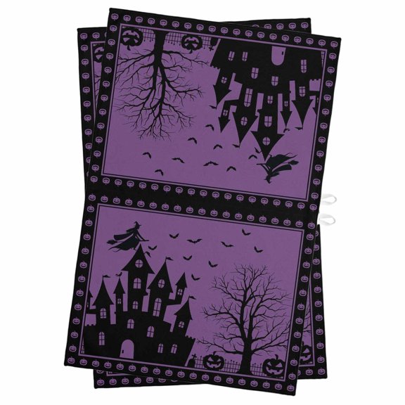 Halloween Kitchen Towels Set of 2, Water Absorbent Dish Towel, Purple Pumpkins Halloween Witch Bat Castle Decorative Hand Towels - Quick Drying Cloth for Cooking Baking, 18x28 Inch