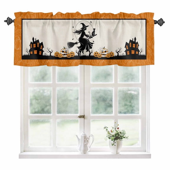 Halloween Kitchen Valances for Windows 54x18 Inch Kitchen Curtains Valances Rod Pocket Broom Riding Witch Cat Pumpkin Orange Autumn Bathroom Window Valances for Window Treatment Decor