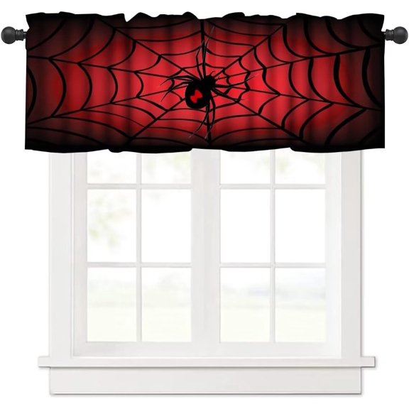 Halloween Kitchen Valances Windows Curtains,Red Black Design Spider Web Rod Pocket Small Window Treatment for Window Decoration Bathroom,1 Panel,54" x 18"