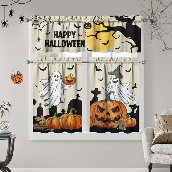 Halloween Kitchen Window Curtains,Ghost Pumpkins Style Cafe Curtains Over Sink,Vintage Witches Bathroom Bedroom Living Room Window Tier and Valance 3 Pieces Set