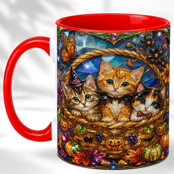 Halloween Kitten Basket Coffee Mug, Pumpkin Cat Mug, Ceramic 11 oz