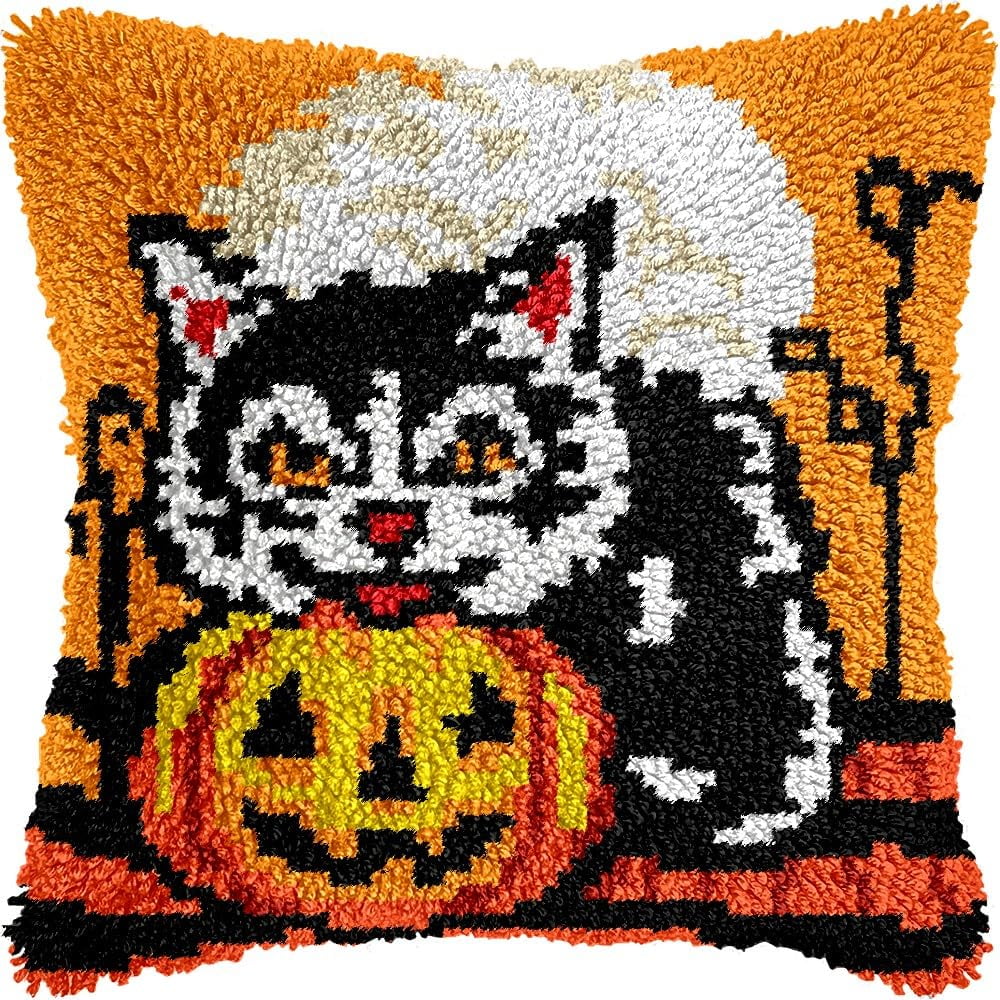 Halloween Kitten Latch Hook Pillow Kits for DIY Handmade Throw Pillow Cushion Embroidery Latch Hooking Pillowcase Kits with Preprinted Canvas Crochet Yarn Kits 17''X 17''(g76)