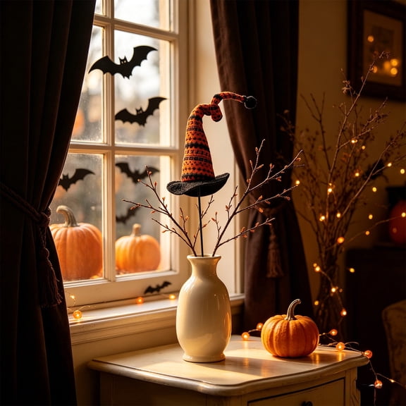 Halloween Knit Witch Hat Floral Pick, Rigid Bend Resistant Metal Stem 3D Shaped Structure, Insertable Accessory for Bouquet Pumpkin Pot Window Diy Holiday Crafter