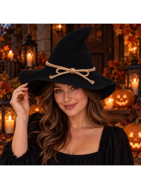 Halloween Knit Witch Hat for Women, Foldable Pointed Cap with Wide Brim & Soft Texture — Cosplay Accessory for Parties