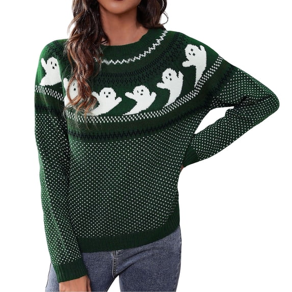 Halloween Knitted Sweater for Women Cute Ghost Pattern Print Knitted Pullover Sweaters Long Sleeve Crew Neck Jumper Tops (Green L)