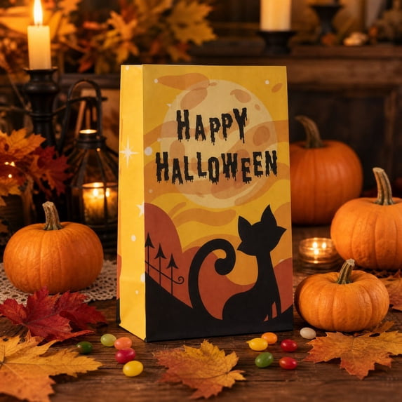 Halloween Kraft Paper Treat Bags, 8 Assorted Witch Ghost Pumpkin Skull Designs 13x22cm Ki-ds Candy Goodie Bags for Trick or Treat Halloween Party Favors Decorations
