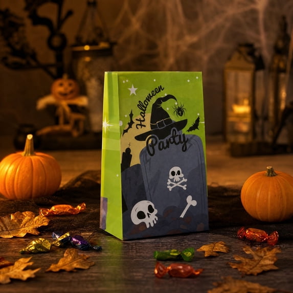 Halloween Kraft Paper Treat Bags, 8 Assorted Witch Ghost Pumpkin Skull Designs 13x22cm Ki-ds Trick or Treat Candy Goodie Bags for Halloween Party Decor & Party Favors