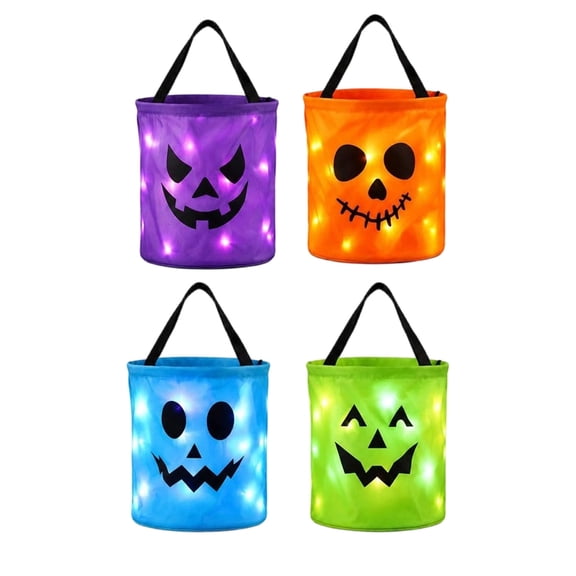 Halloween LED Candy Bucket Set of 4, Light Up Non-Woven Treat Bags with Handles, Battery Operated Glow Pumpkin Skull Pails for Kids Trick-or-Treating, Party Favors