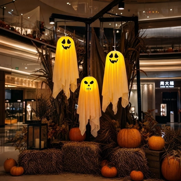 Halloween LED Decorative, White Fabric Lantern Light Ghost Lantern String Handheld Pumpkin Lantern Luminous Ghost Hanging Lamp Spooky Halloween Ornaments (White)