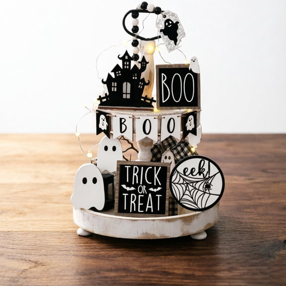 Halloween LED Desktop Ornament Wooden Tabletop Decoration with Ghost Castle BOO Banner Halloween Party Centerpiece Gothic Decor Gift for Halloween Lovers