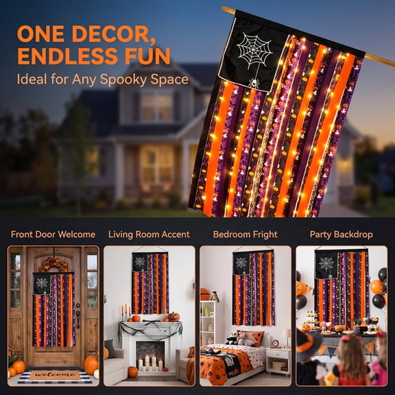 Halloween LED Fabric Door Curtain, Plaid Pumpkin Tassel Hanging for Party Wall Window