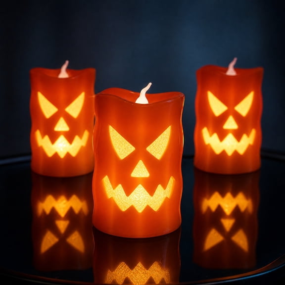 Halloween LED Flameless Candle Skull Jack O Lantern Battery Decor 4 Inch Orange