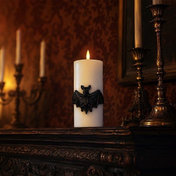 Halloween LED Flameless Candle with Spooky Decor, Flickering Warm Light Safe No Flame Ornament, Battery Operated Table Mantel Party Decoration, Home Gothic Haunted House Festive Display