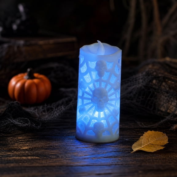 Halloween LED Flameless Candles, Gothic Spiderweb Skull Embossed Battery Operated Decorative Lights, Spooky Indoor Home Party Decor, Set of 1