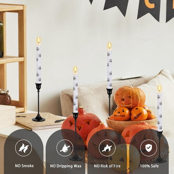 Halloween LED Flameless Taper Candles with Remote and Timer, 4 Pack Battery Operated Real Wax Candles with Glow in The Dark Pumpkin Face Stickers for Halloween Table Party Decor