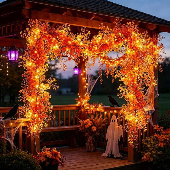Halloween LED Garland 70.8 Inch Yellow with String Lights, Glowing Plastic Rattan Vine for Fireplace Stairs Wall Decor, Festival Party Ornament