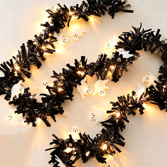 Halloween LED Garland with Colorful Ribbons, 2-Meter Festive Light String for Indoor Outdoor Decor, Safe Low-Heat LEDs, Reusable Plastic for Parties, Mantels, Mirrors & Doorways